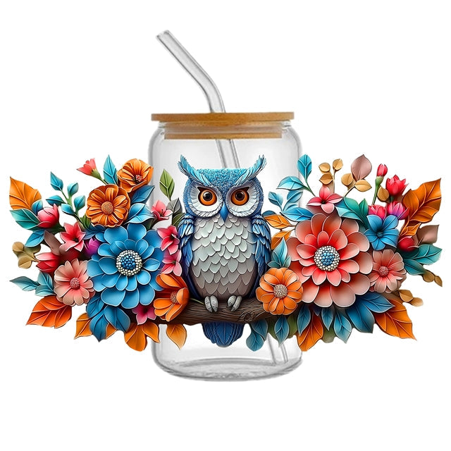 Owl Floral  UV DTF Glass Can Wrap FeeFiFauxLeather
