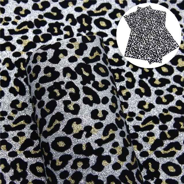 Silver Velvet Leopard Printed Fine Glitter Sheet FeeFiFauxLeather