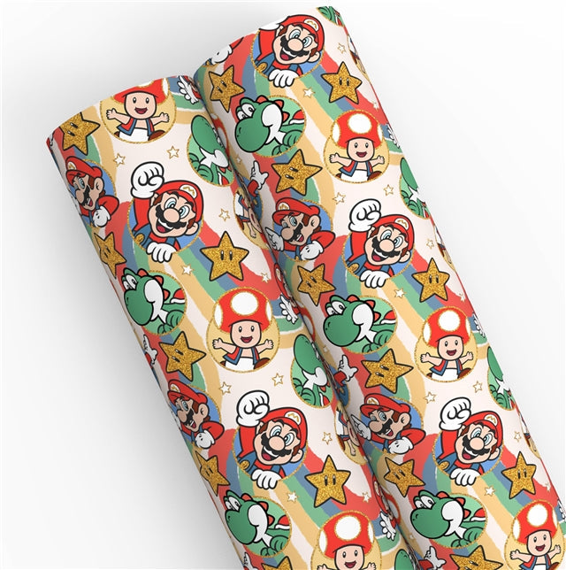 Super Mario with Sidekicks Gold Foil Printed Faux Leather Sheet FeeFiFauxLeather