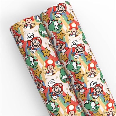 Super Mario with Sidekicks Gold Foil Printed Faux Leather Sheet Bright colors