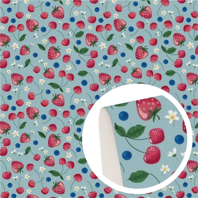 Cherries, Strawberries, and Blueberries Fruit Smooth Faux Leather Sheet FeeFiFauxLeather