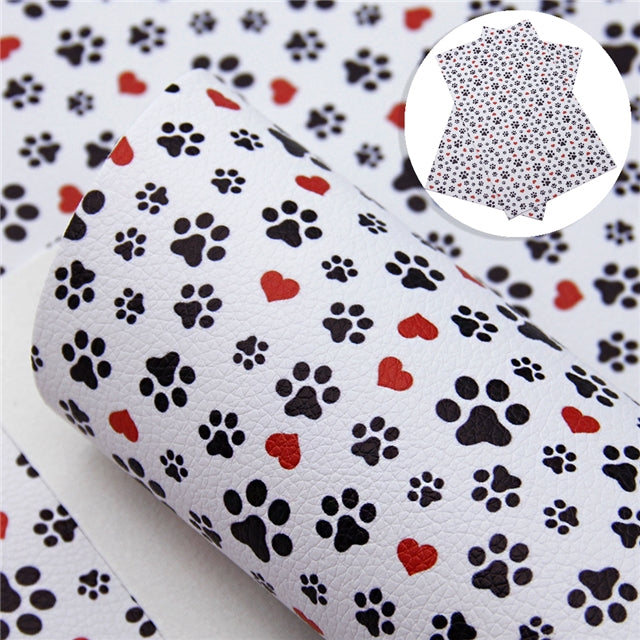 Dog Paw Prints with Hearts Printed Smooth Faux Leather Sheet FeeFiFauxLeather
