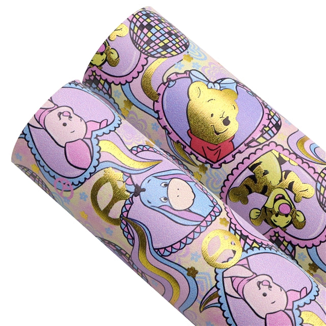 Winnie The Pooh and Friends Gold Foil Printed Faux Leather Sheet FeeFiFauxLeather