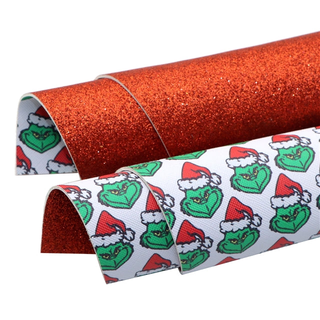 The Grinch Christmas Glitter Double Sided Pattern Faux Leather Sheet FeeFiFauxLeather