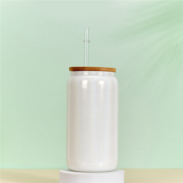 16oz Sublimation White Glass Tumbler W/Bamboo Lid FeeFiFauxLeather