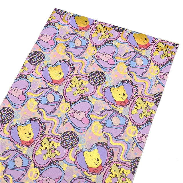 Winnie The Pooh and Friends Gold Foil Printed Faux Leather Sheet FeeFiFauxLeather