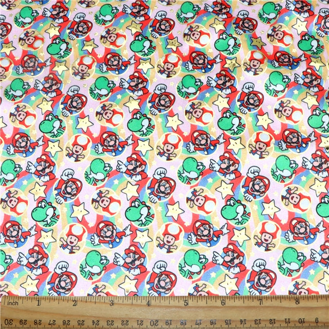 Super Mario with Sidekicks Gold Foil Printed Faux Leather Sheet FeeFiFauxLeather