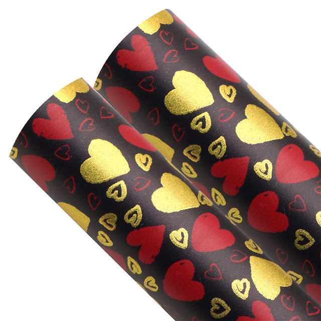 Hearts Valentine Print Gold Foil Printed Faux Leather Sheet Bright colors FeeFiFauxLeather