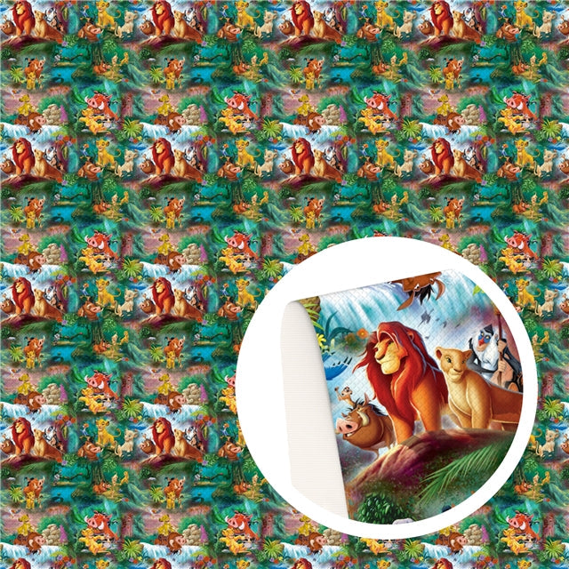 The Lion King Printed Faux Leather Sheet Litchi has a pebble like feel with bright colors FeeFiFauxLeather
