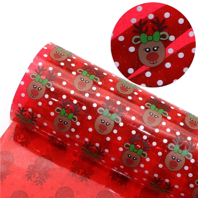 Reindeer Christmas Printed See Through Vinyl ,Clear, Transparent Vinyl Sheet FeeFiFauxLeather