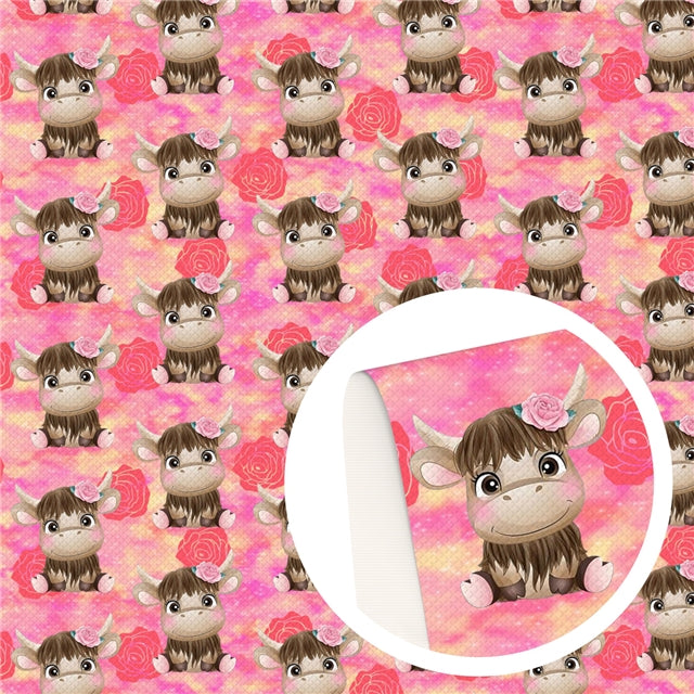 Cow Roses Litchi Printed Faux Leather Sheet Litchi has a pebble like feel with bright colors FeeFiFauxLeather