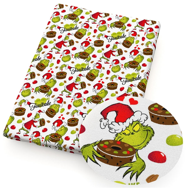 The Grinch and Fruitcake Christmas Litchi Printed Faux Leather Sheet Litchi has a pebble like feel with bright colors FeeFiFauxLeather