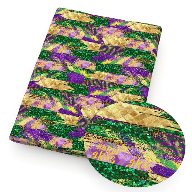 Mardi Gras Brush Strokes Litchi Printed Faux Leather Sheet Litchi has a pebble like feel with bright colors