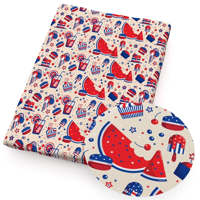 July the 4th Watermelon Red, White and Blue Litchi Printed Faux Leather Sheet Litchi has a pebble like feel with bright colors FeeFiFauxLeather