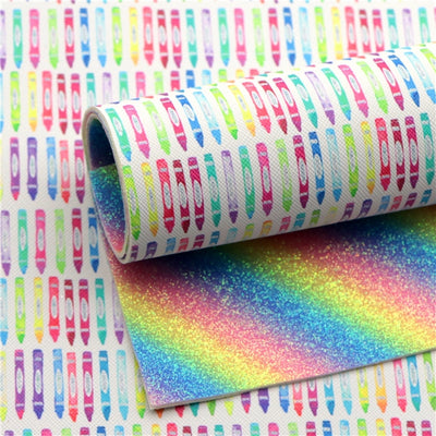 Crayons Back to School Glitter Double Sided Pattern Faux Leather Sheet