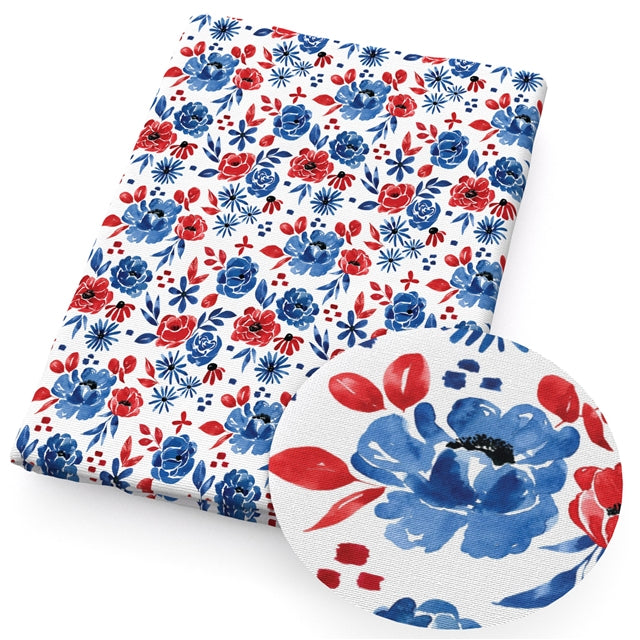 Red, White and Blue Flowers Textured Liverpool/ Bullet Fabric FeeFiFauxLeather