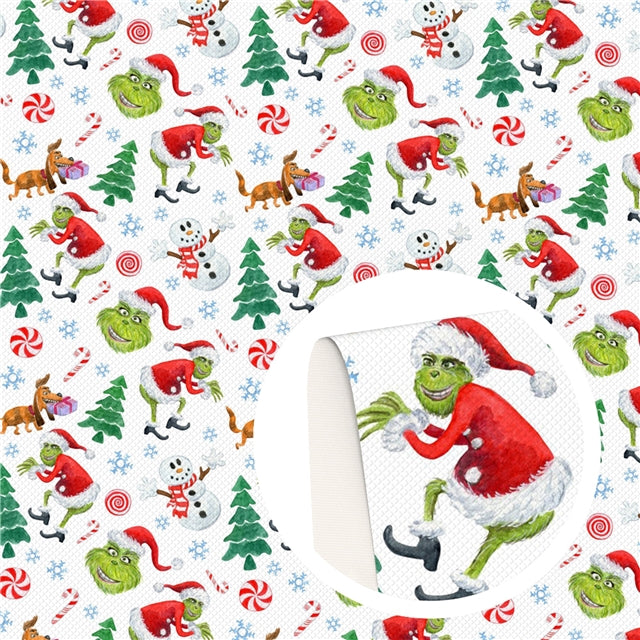The Grinch Christmas Litchi Printed Faux Leather Sheet Litchi has a pebble like feel with bright colors FeeFiFauxLeather