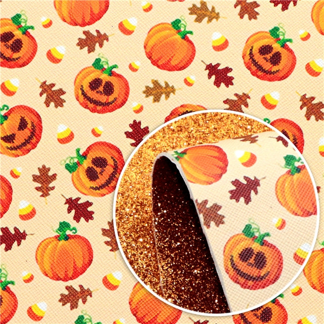 Fall Pumpkins Glitter Double Sided Pattern Faux Leather Sheet FeeFiFauxLeather