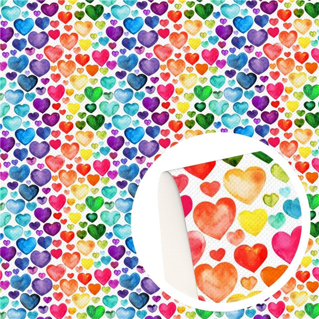 Watercolor Rainbow Hearts Smooth Printed Faux Leather Sheet FeeFiFauxLeather