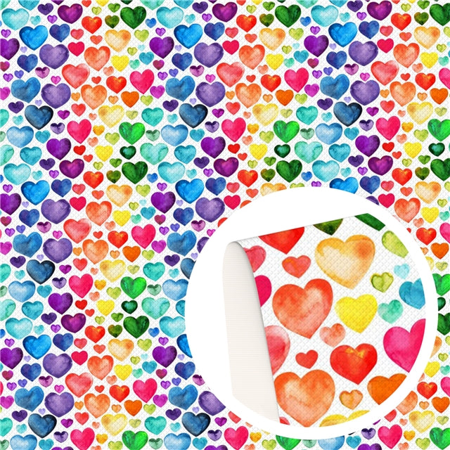 Watercolor Rainbow Hearts Litchi Printed Faux Leather Sheet Litchi has a pebble like feel with bright colors