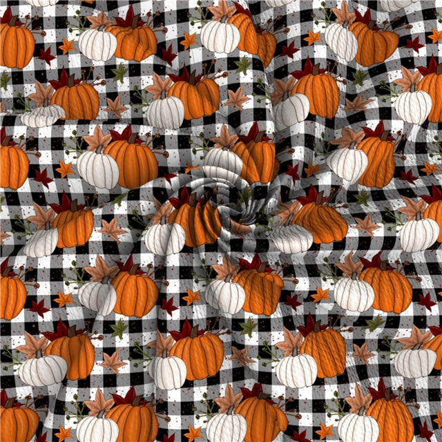 Pumpkin on Plaid Fall Bullet Textured Liverpool Fabric FeeFiFauxLeather