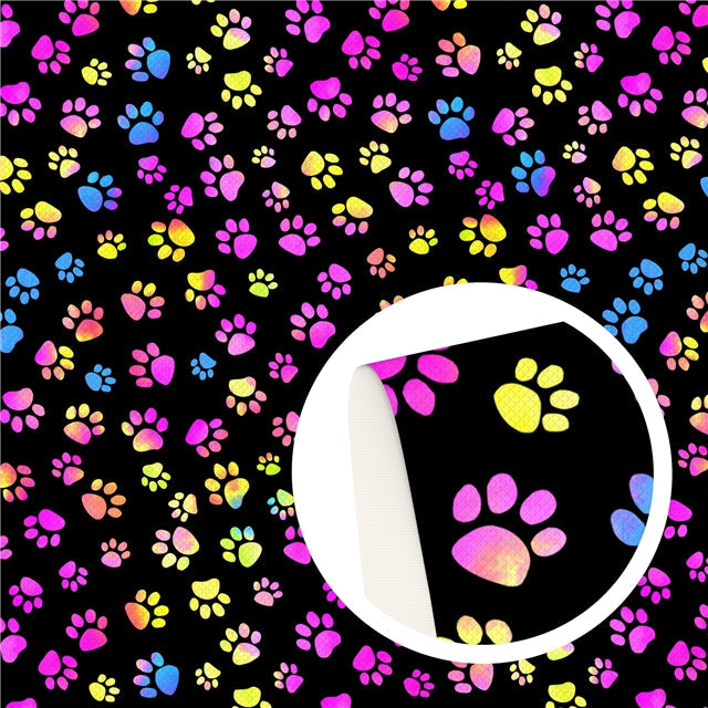 Colorful Dog Paw  Printed Smooth Faux Leather Sheet FeeFiFauxLeather
