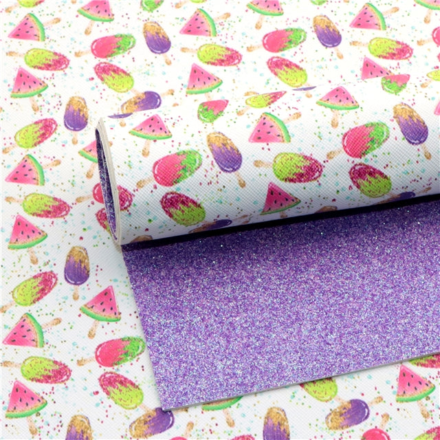 Watermelon Ice Cream Glitter Double Sided Pattern Faux Leather Sheet FeeFiFauxLeather