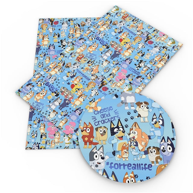 Blue Dog Cartoon Litchi Printed Faux Leather Sheet FeeFiFauxLeather