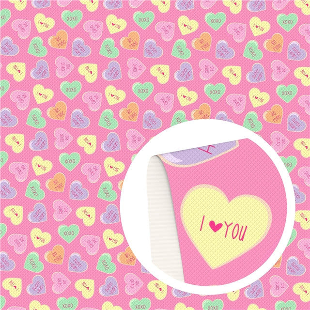 Valentine Candy Hearts Litchi Printed Faux Leather Sheet Litchi has a pebble like feel with bright colors FeeFiFauxLeather