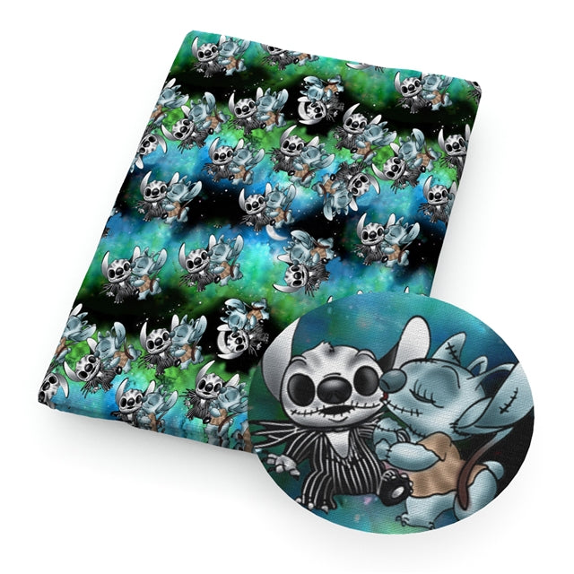 Blue Alien Halloween Litchi Printed Faux Leather Sheet FeeFiFauxLeather