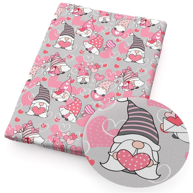 Gnomes Hearts Valentines Litchi Printed Faux Leather Sheet Litchi has a pebble like feel with bright colors FeeFiFauxLeather
