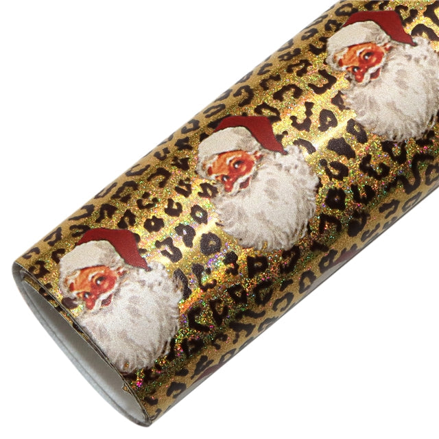 Santa Leopard Holographic Printed Faux Leather Print Sheet FeeFiFauxLeather