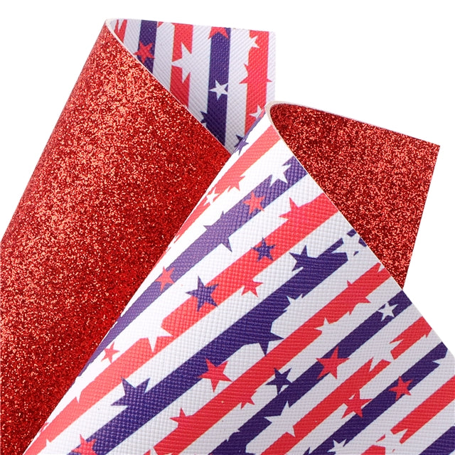 Red, White and Blue Glitter Double Sided Pattern Faux Leather Sheet FeeFiFauxLeather