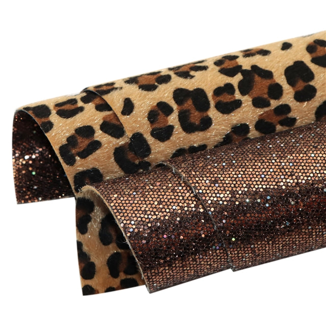Cheetah Fabric Brown Glitter Double Sided Pattern Faux Leather Sheet FeeFiFauxLeather