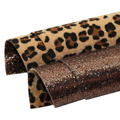 Cheetah Fabric Brown Glitter Double Sided Pattern Faux Leather Sheet