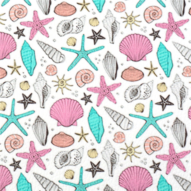 Sea Shells Printed Litchi Printed Faux Leather Sheet FeeFiFauxLeather