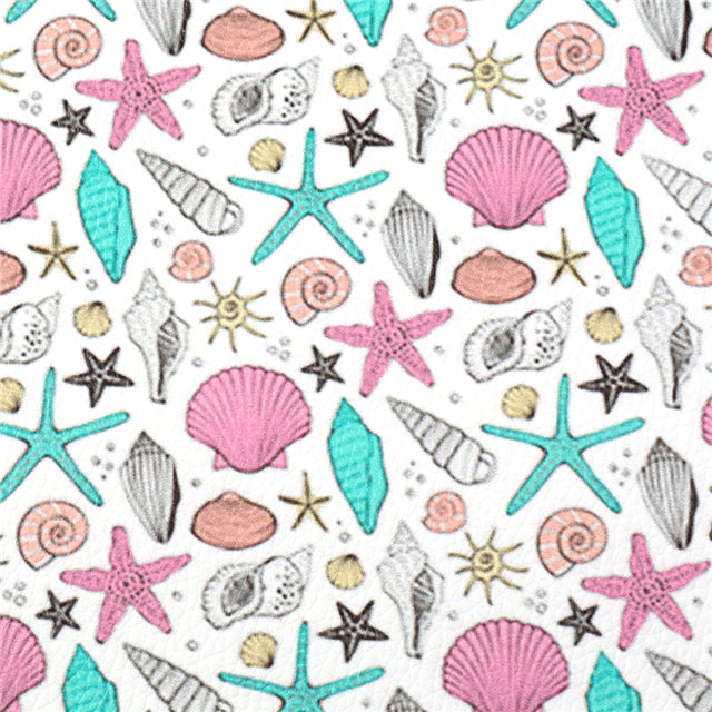 Sea Shells Printed Litchi Printed Faux Leather Sheet Litchi has a pebble like feel with bright colors
