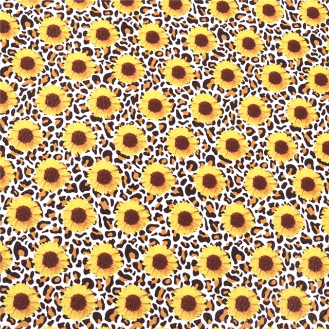 Sunflowers on Leopard Smooth Printed Faux Leather Sheet FeeFiFauxLeather