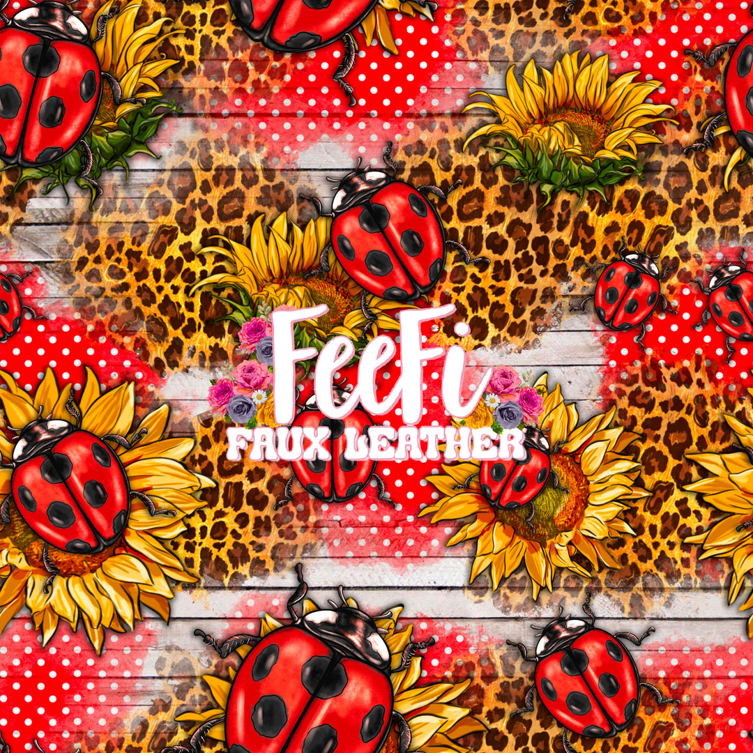 Ladybugs Sunflower Litchi Printed Faux Leather Sheet Litchi has a pebble like feel with bright colors FeeFiFauxLeather