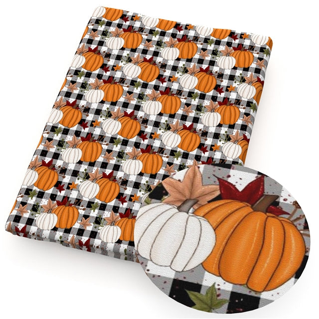 Pumpkin on Plaid Fall Bullet Textured Liverpool Fabric FeeFiFauxLeather