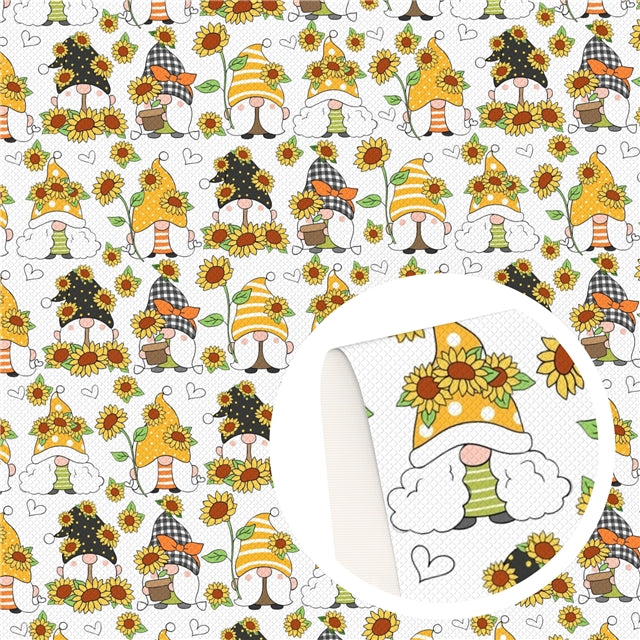 Summer Sunflower Gnomes Litchi Printed Faux Leather Sheet FeeFiFauxLeather