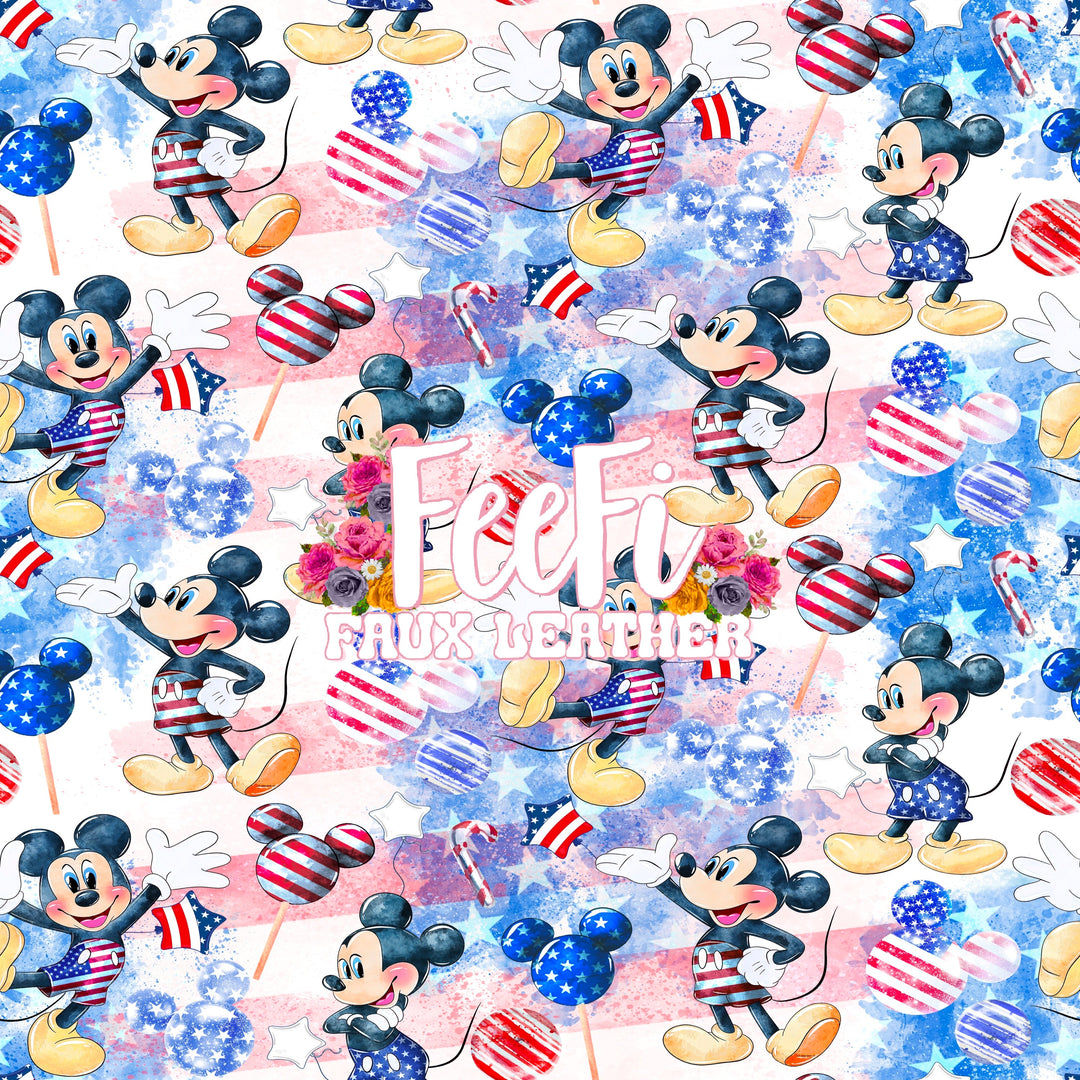 Mouse Red, White and Blue Litchi Printed Faux Leather Sheet Litchi has a pebble like feel with bright colors FeeFiFauxLeather