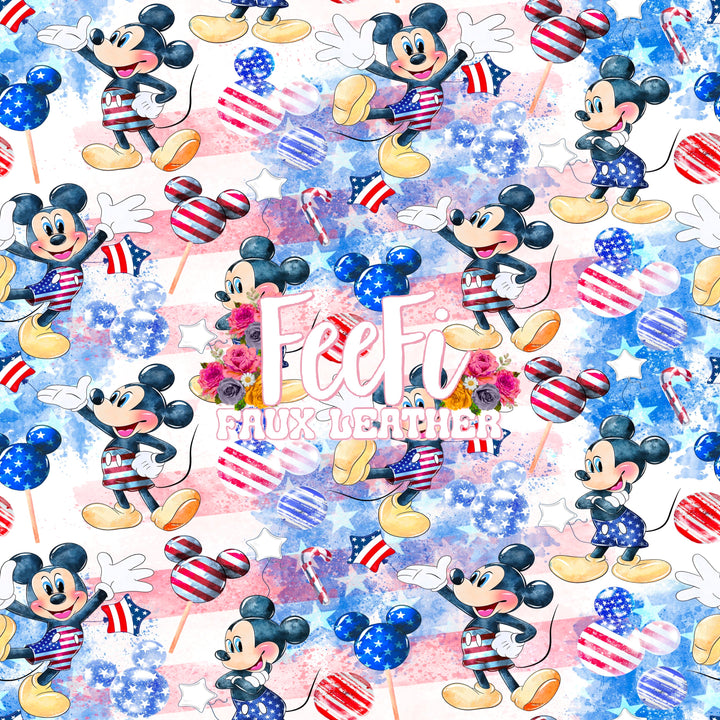 Mouse Red, White and Blue Litchi Printed Faux Leather Sheet Litchi has a pebble like feel with bright colors FeeFiFauxLeather