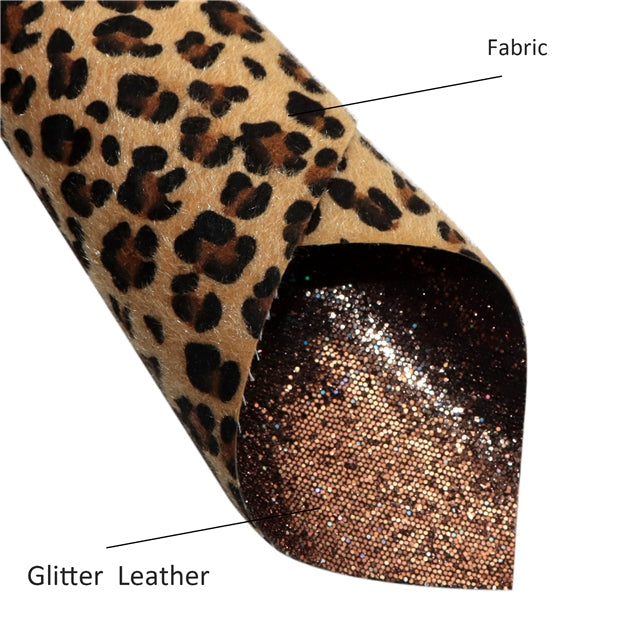 Cheetah Fabric Brown Glitter Double Sided Pattern Faux Leather Sheet FeeFiFauxLeather
