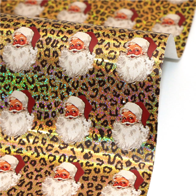 Santa Leopard Holographic Printed Faux Leather Print Sheet FeeFiFauxLeather