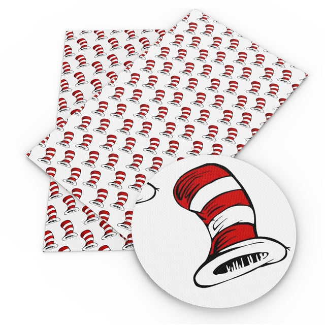 Dr Seuss The Cat In The Hat Litchi Printed Faux Leather Sheet Litchi has a pebble like feel with bright colors