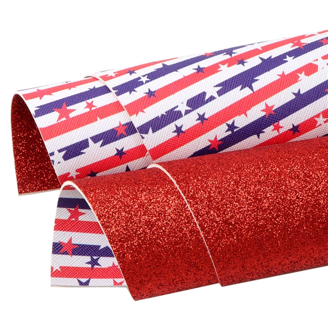 Red, White and Blue Glitter Double Sided Pattern Faux Leather Sheet FeeFiFauxLeather