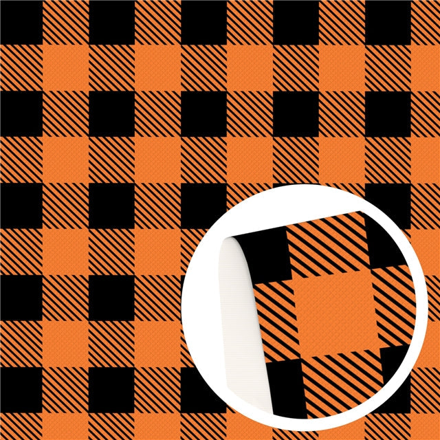 Halloween Orange and Black Plaid Litchi Faux Leather Sheet like FeeFiFauxLeather
