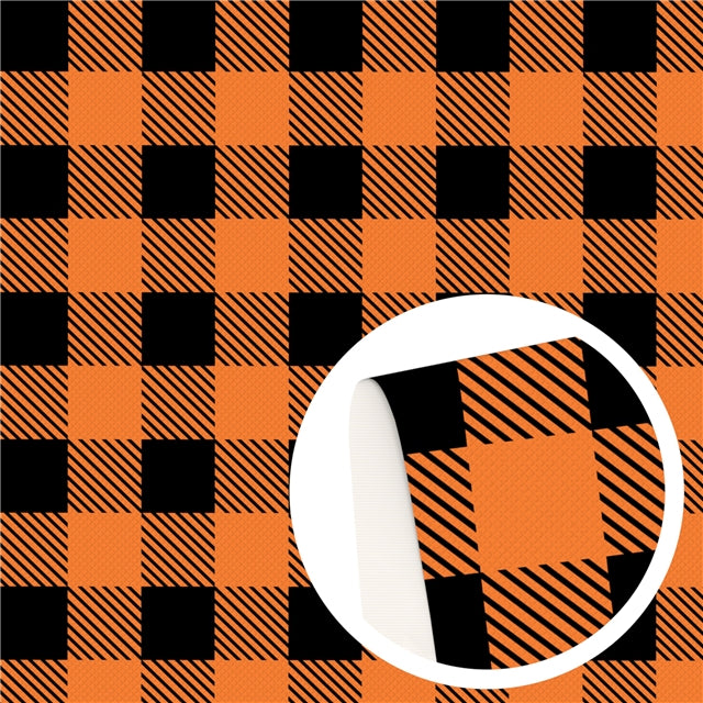 Halloween Orange and Black Plaid Litchi Printed Faux Leather Sheet Litchi has a pebble like feel with bright colors