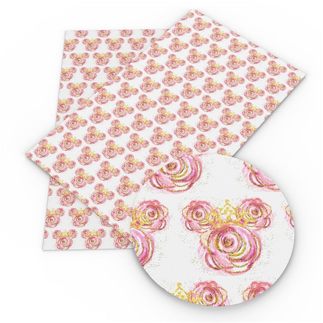 Minnie Mouse with Roses Litchi Printed Faux Leather Sheet Litchi has a pebble like feel with bright colors